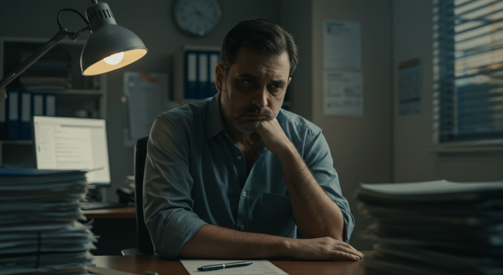 Homem com expressão de cansaço e ansiedade em um escritório no final do expediente, simbolizando o esgotamento causado pelas férias vencidas e a necessidade de um advogado trabalhista.