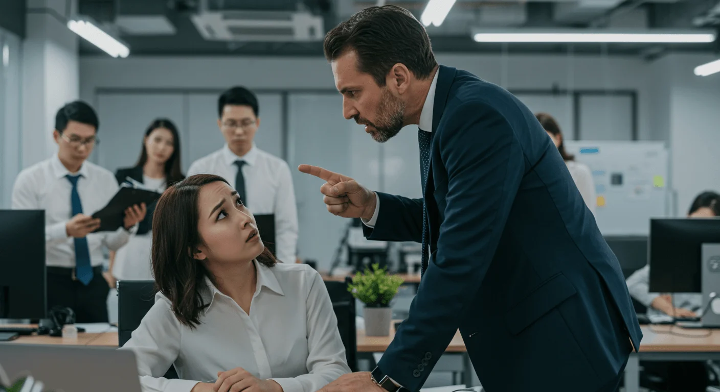 Cena de assédio moral no trabalho com um superior hierárquico gritando e humilhando um funcionário publicamente, exemplificando o comportamento agressivo e a cobrança excessiva.