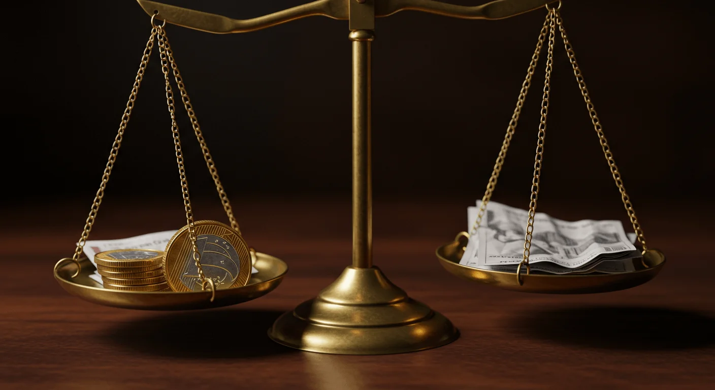 Balança da justiça pesando mais para uma única moeda (salário) do que para uma pilha de papéis (desculpas da empresa), simbolizando a prioridade legal do pagamento sobre os riscos do negócio.